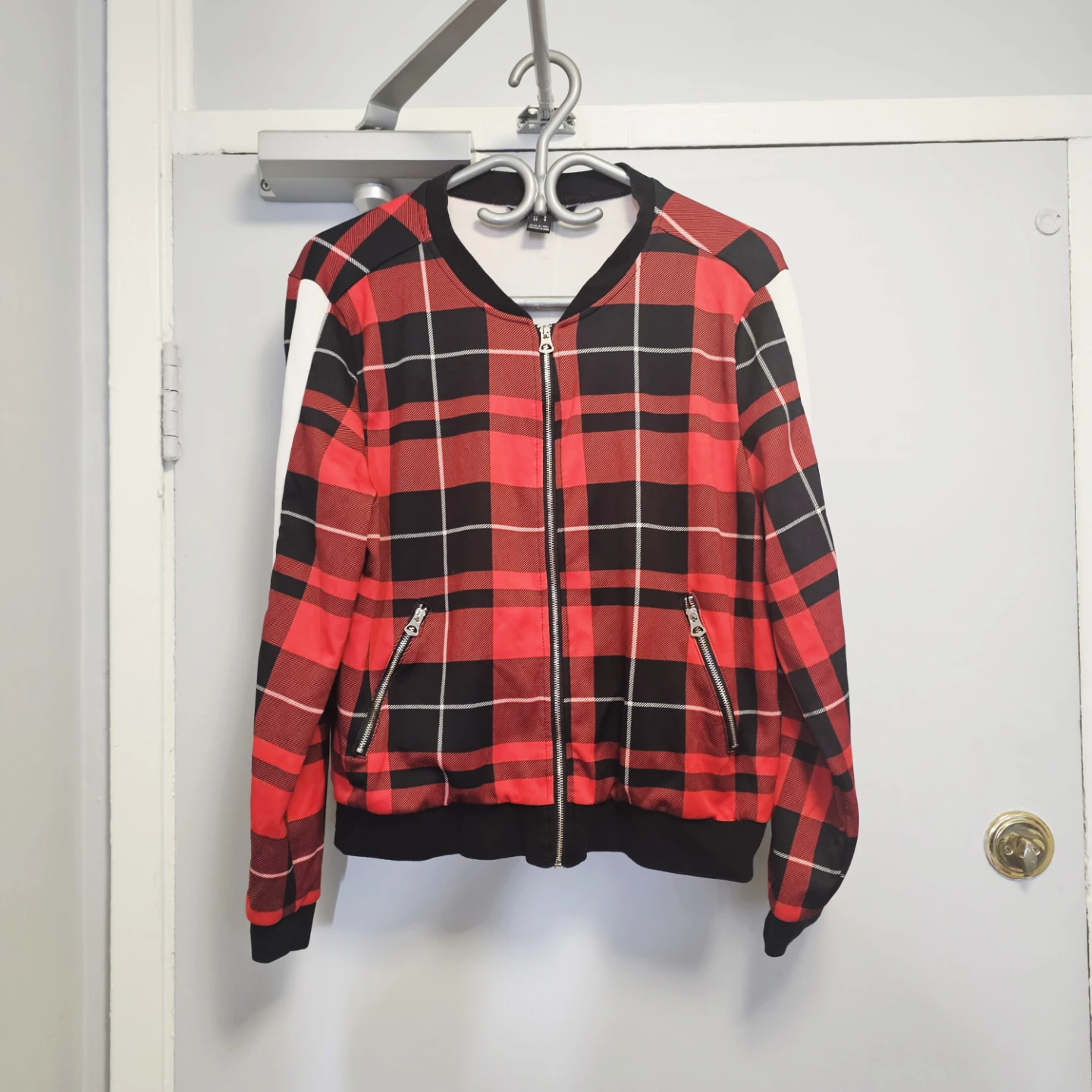 Red Plaid Bomber Jacket with White Sleeves