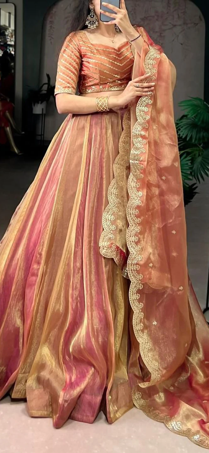 Women's Orange and Pink Brocade Lehenga with Dupatta