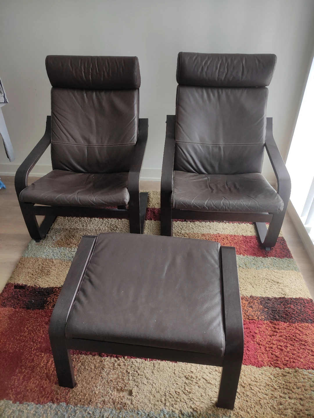 IKEA Poäng Chairs and Ottoman Set - Brown Leather