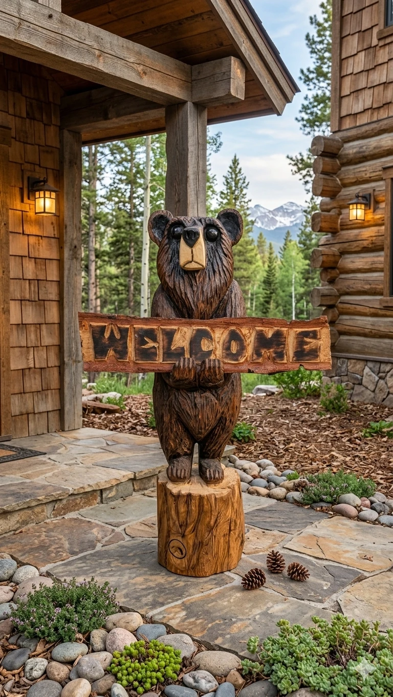 Real wood Hand Carved Wooden Bear "Welcome" Sign