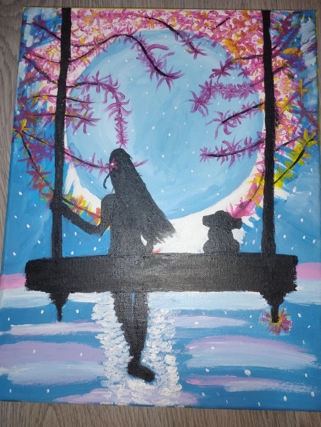 Handmade Painting: Girl and Dog on a Swing