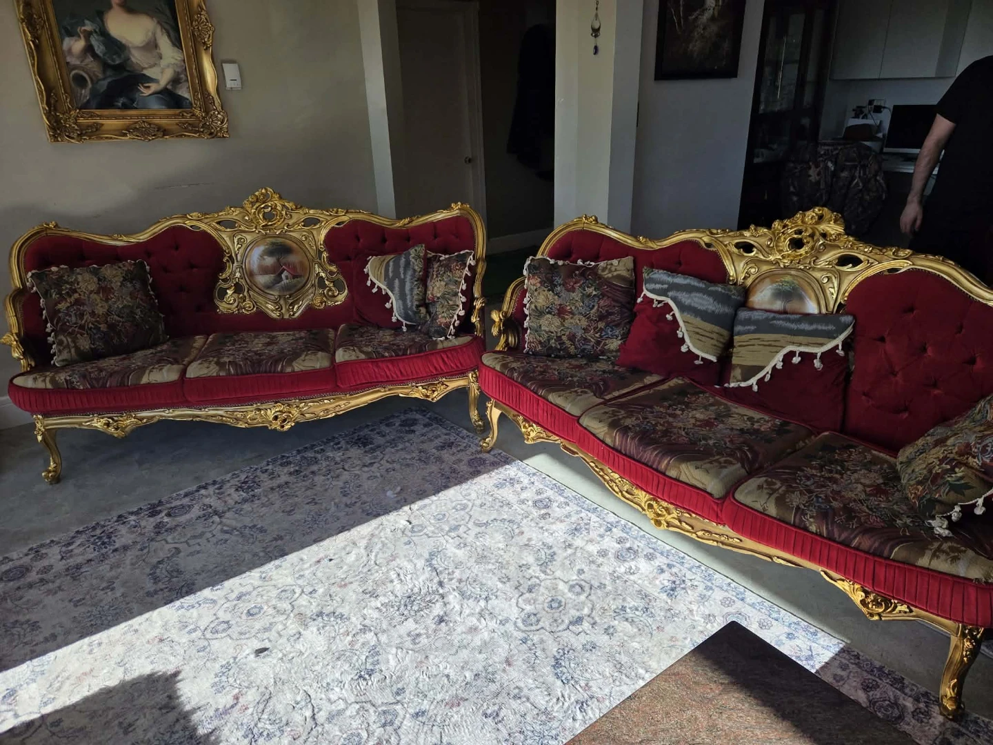 Ornate Red Velvet Sofa with Gold Gilded Frame