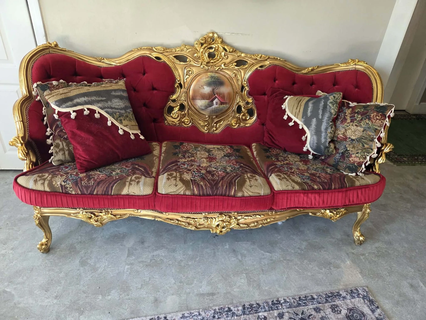 Ornate Red Velvet Sofa with Gold Gilded Frame - photo 2