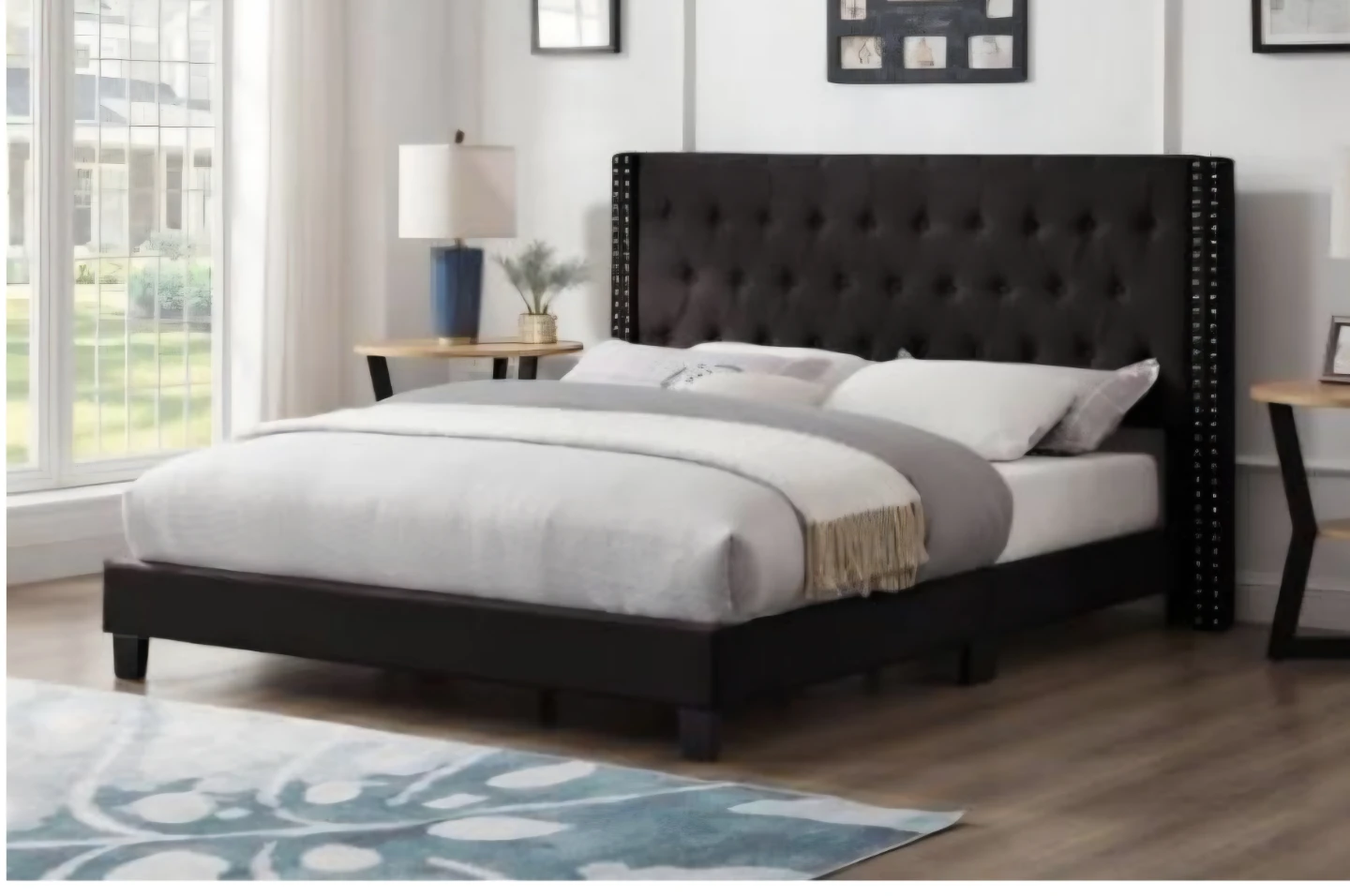 Tufted Upholstered Bed Frame with Wingback Headboard