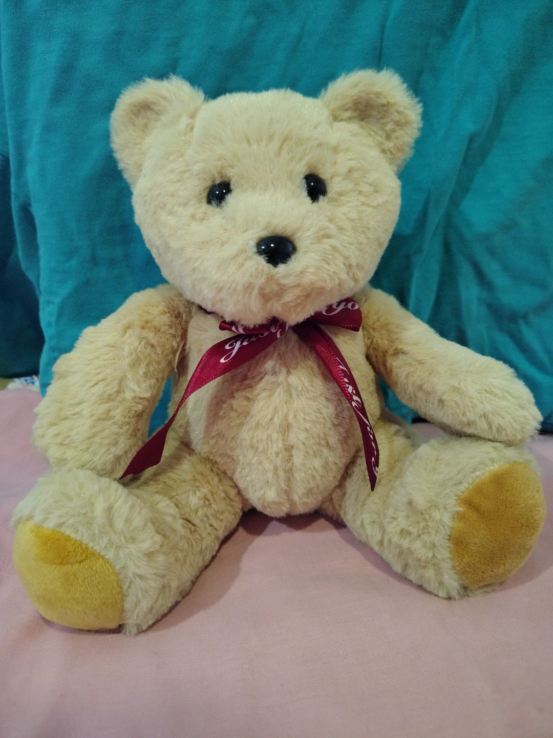 Beige Teddy Bear with Red Ribbon
