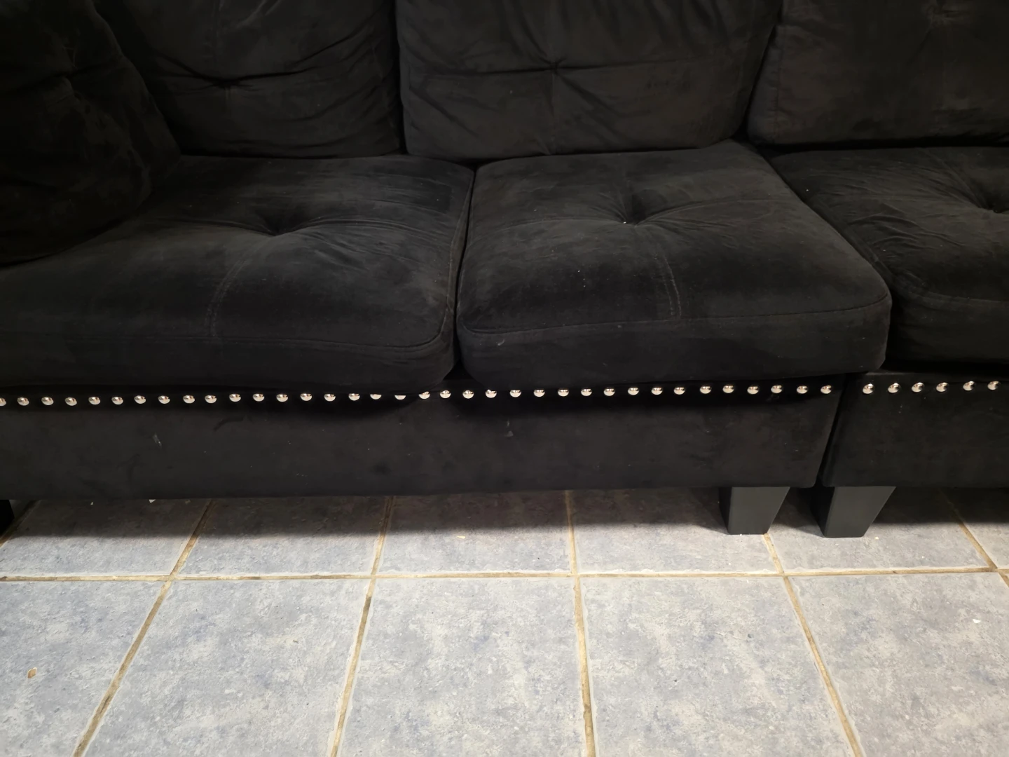 Black Velvet Sectional Couch with Stud Detailing - photo 2