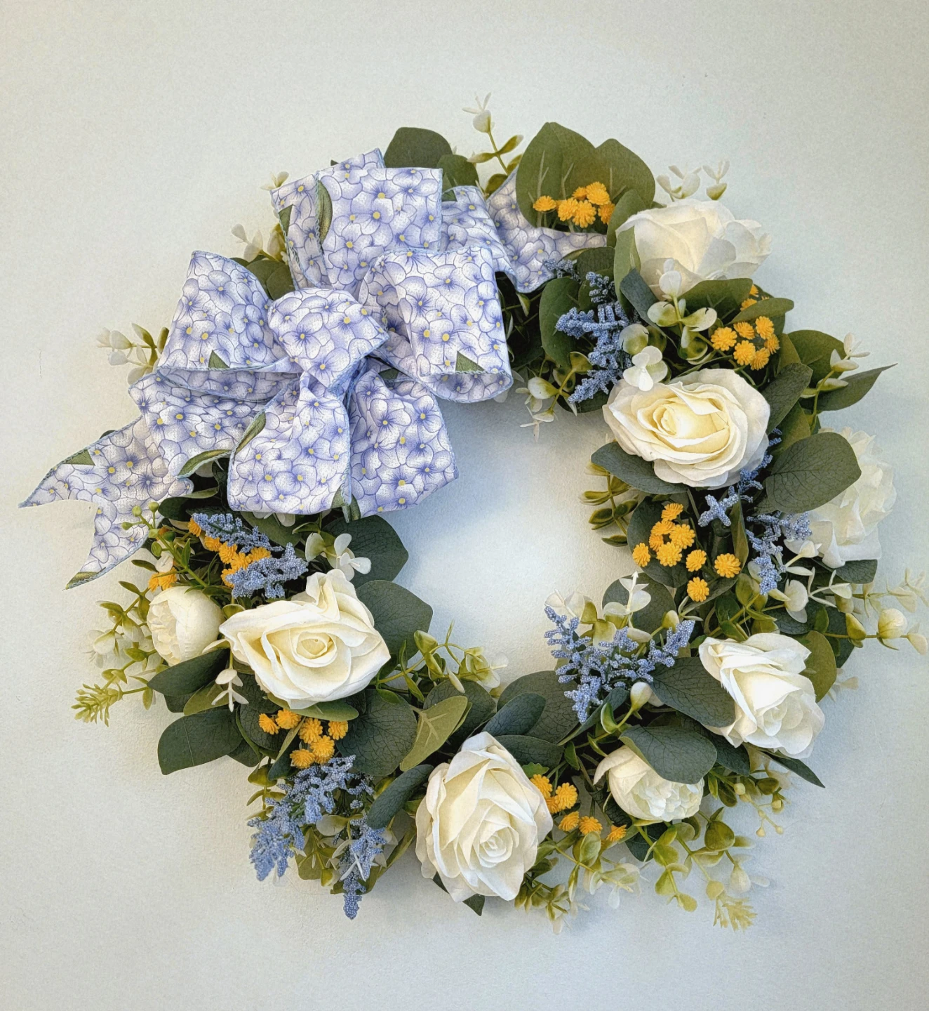 Floral Wreath with Blue Hydrangea Bow