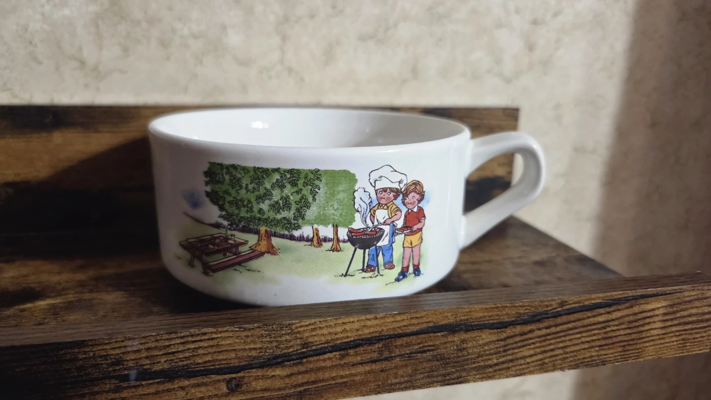 White Ceramic cambell Soup Mug with BBQ Graphic