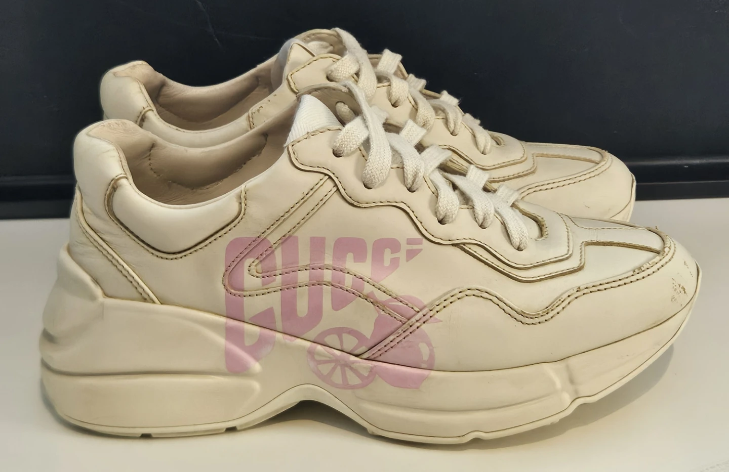 Lemon Gucci-print Rhyton leather sneakers