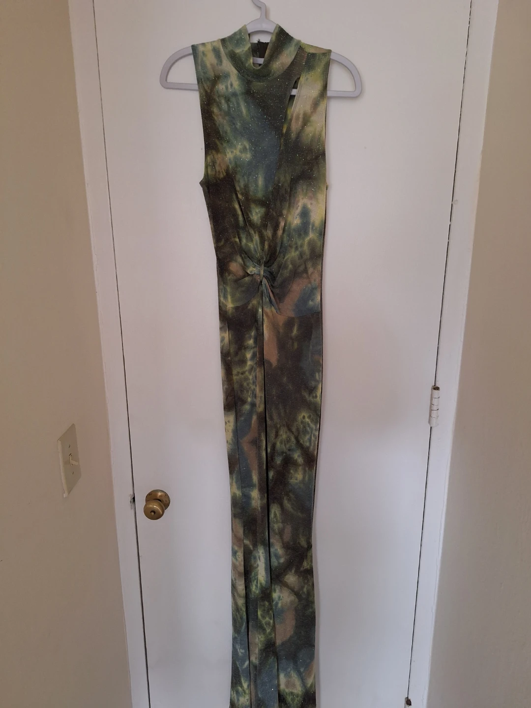 Women's Green & Brown Tie-Dye Sparkle Maxi Dress