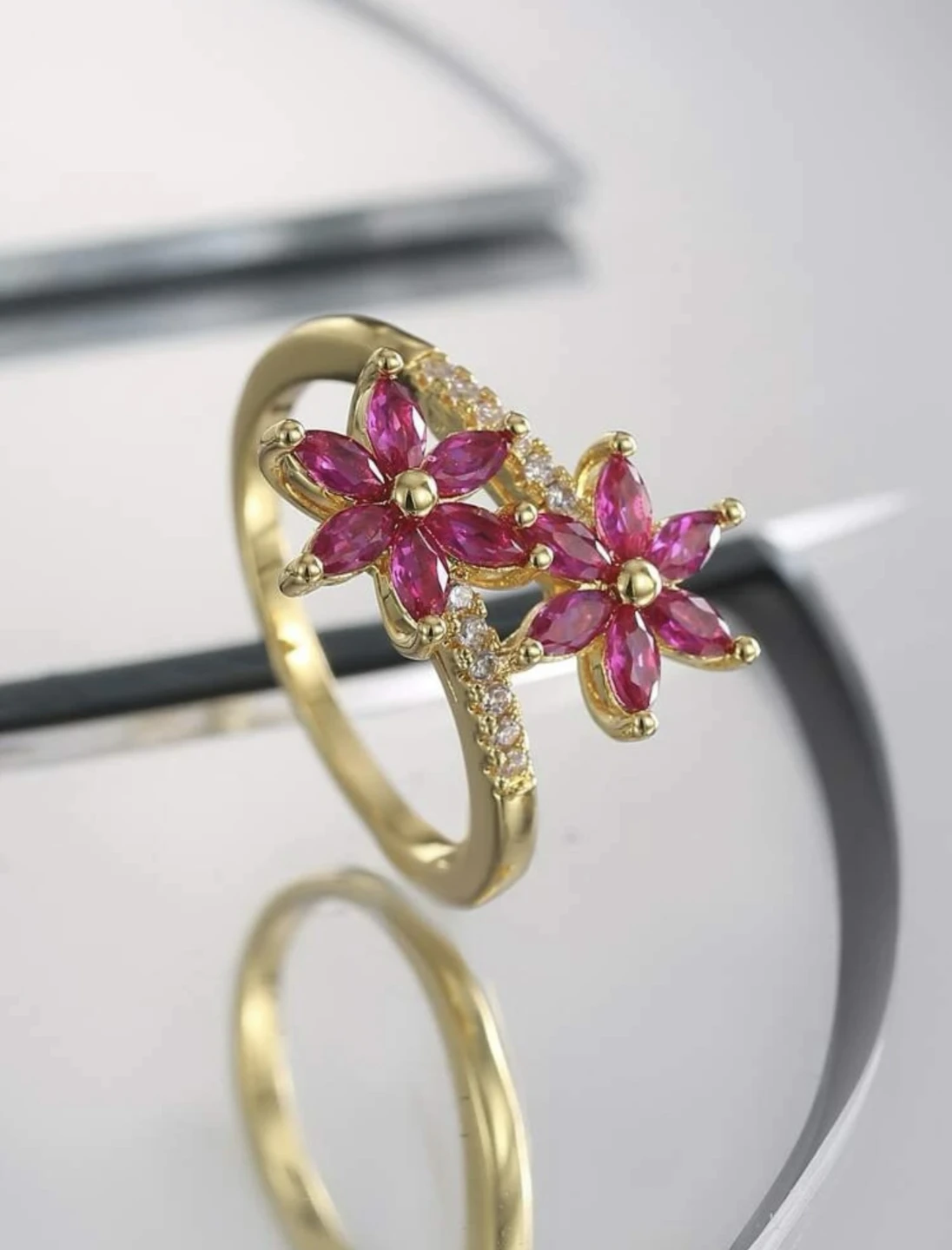 Gold-tone ring with pink floral design - photo 2
