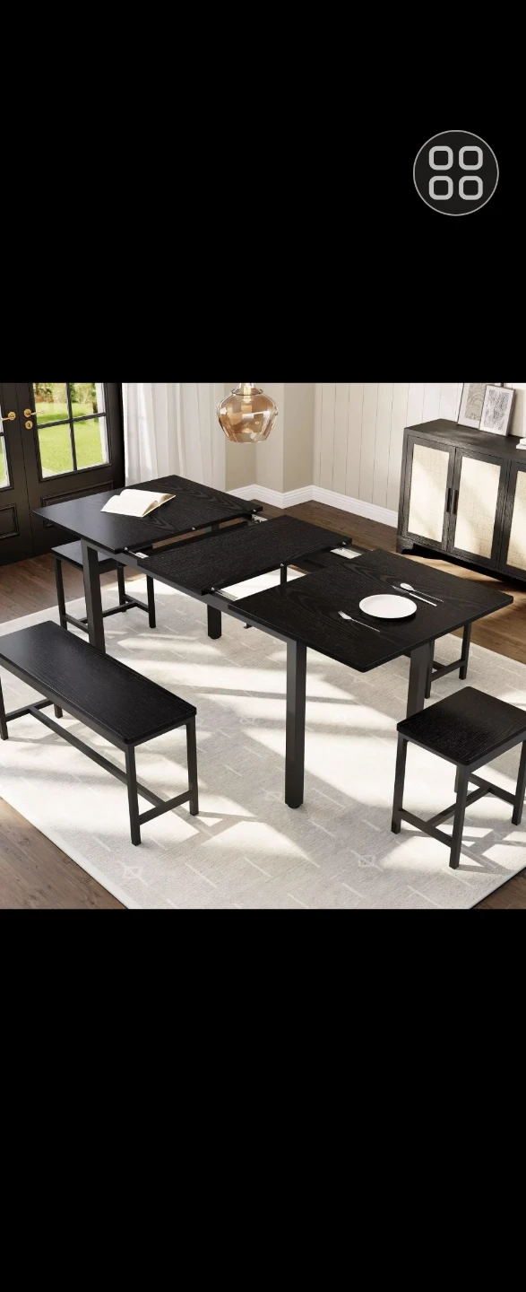 New-Black Extendable Dining Table Set with Benches