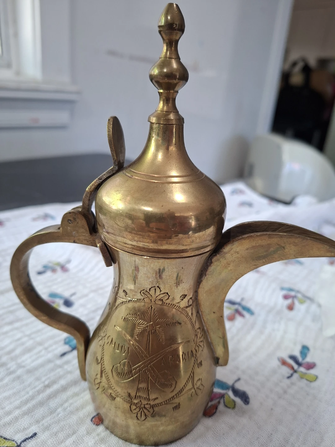 Antique Brass Dallah Coffee Pot engraved Saudi Arabia