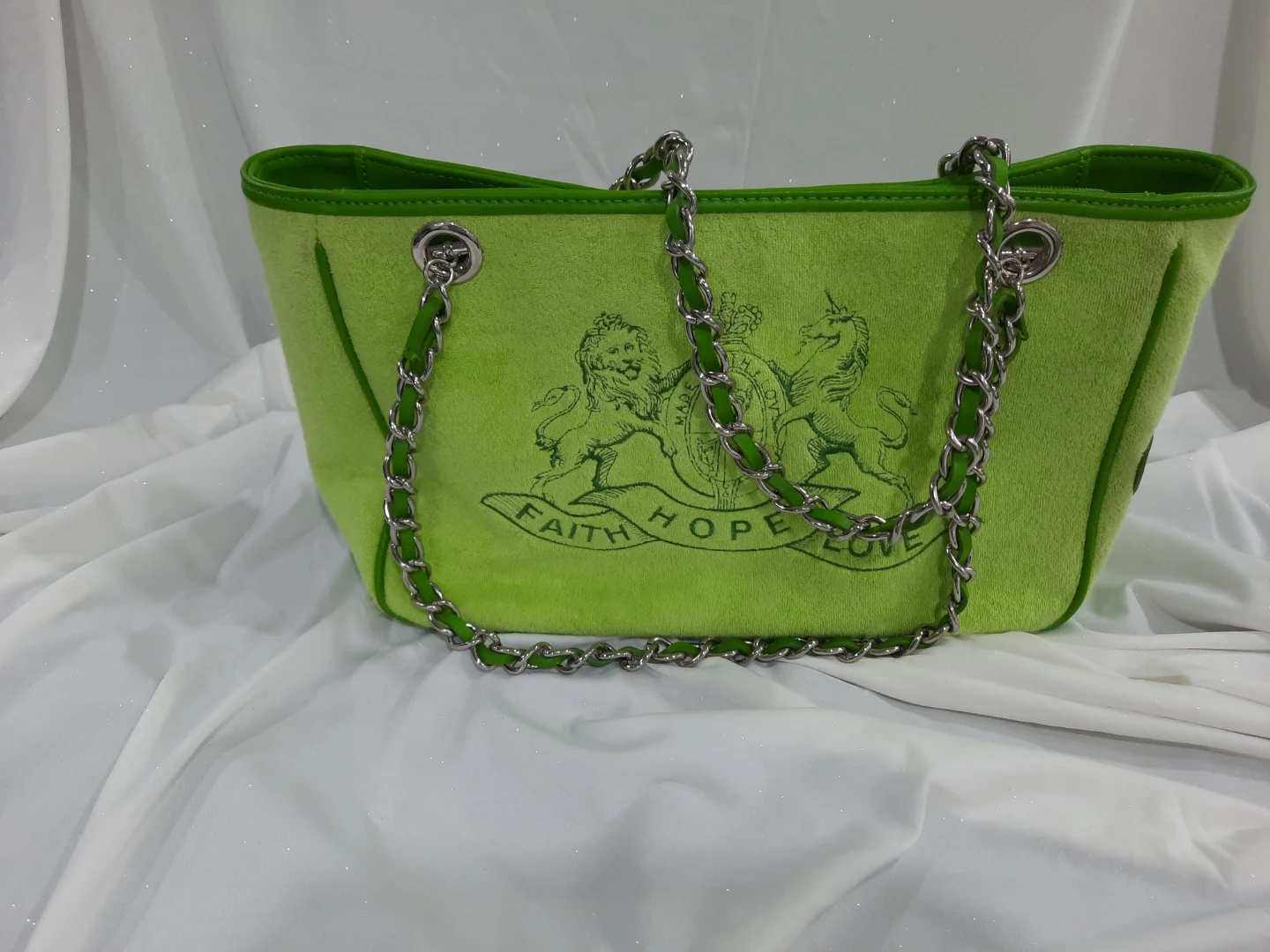 Lime Green Velour Tote Bag with Chain Straps