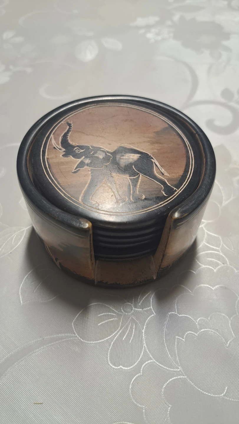 Set of 6 African Animal Carved Coasters with Holder