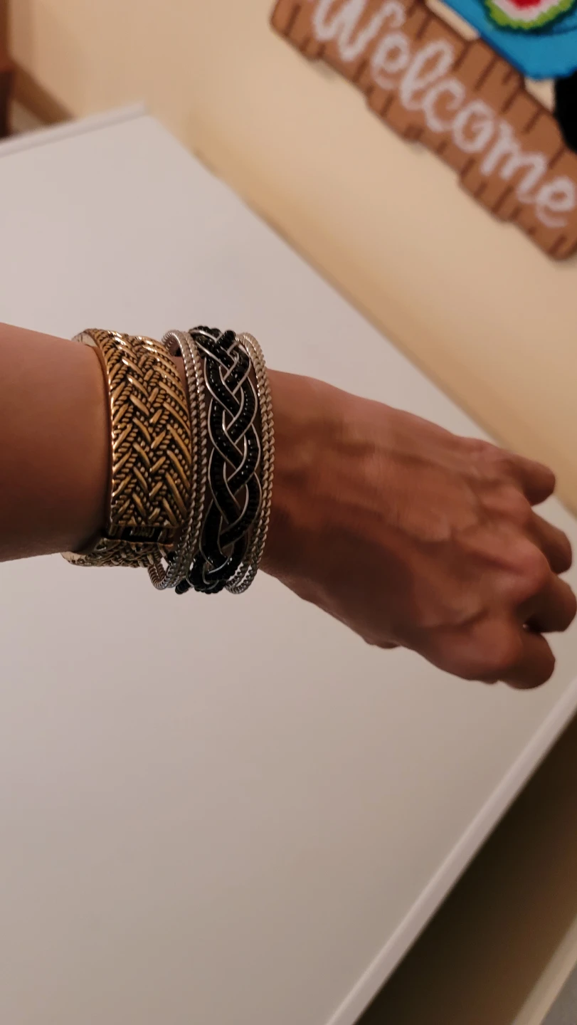 Two Bracelets - Gold Tone Woven and Black Beaded Braid(15)