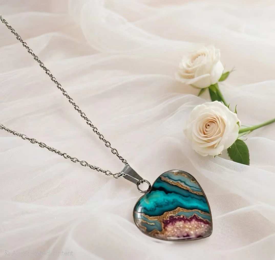 Indigo and Pink Inspired Heart Shaped Glass Pendant Necklace