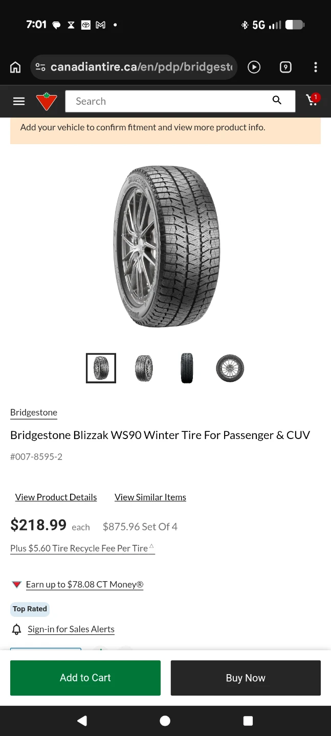 Bridgestone Blizzak WS90 Winter Tire - 215/65R17