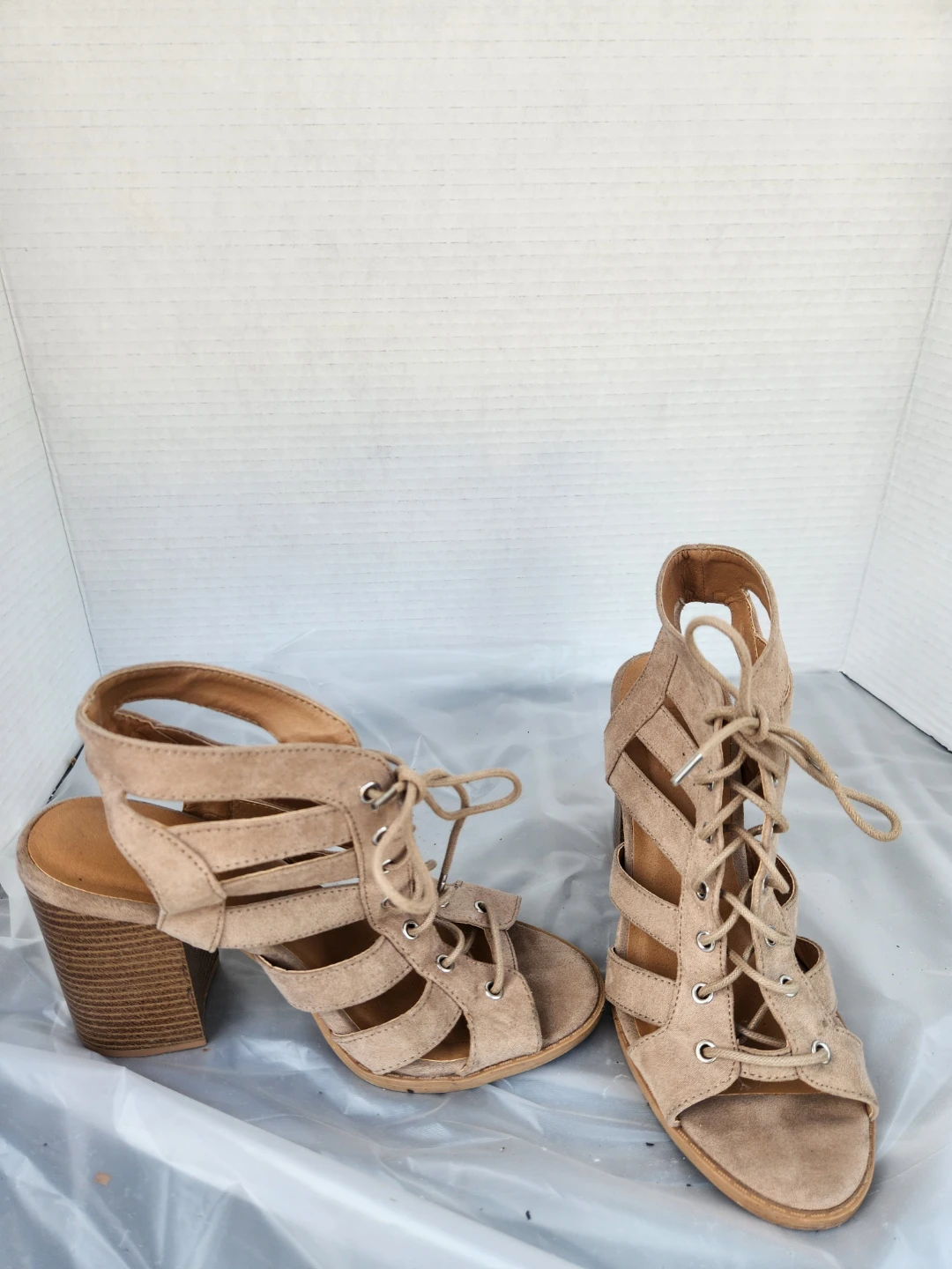 Tan Suede Lace-Up Gladiator Heels