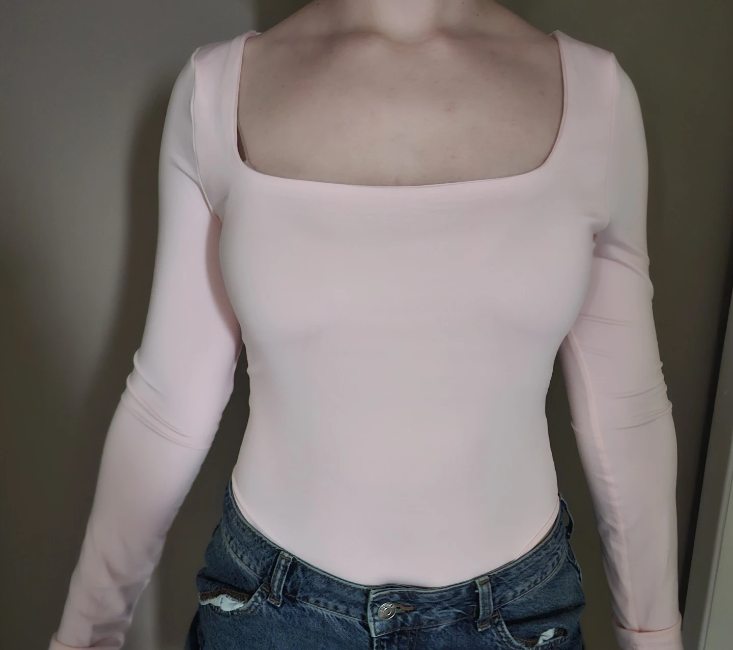 Pink Long Sleeve Square Neck Bodysuit