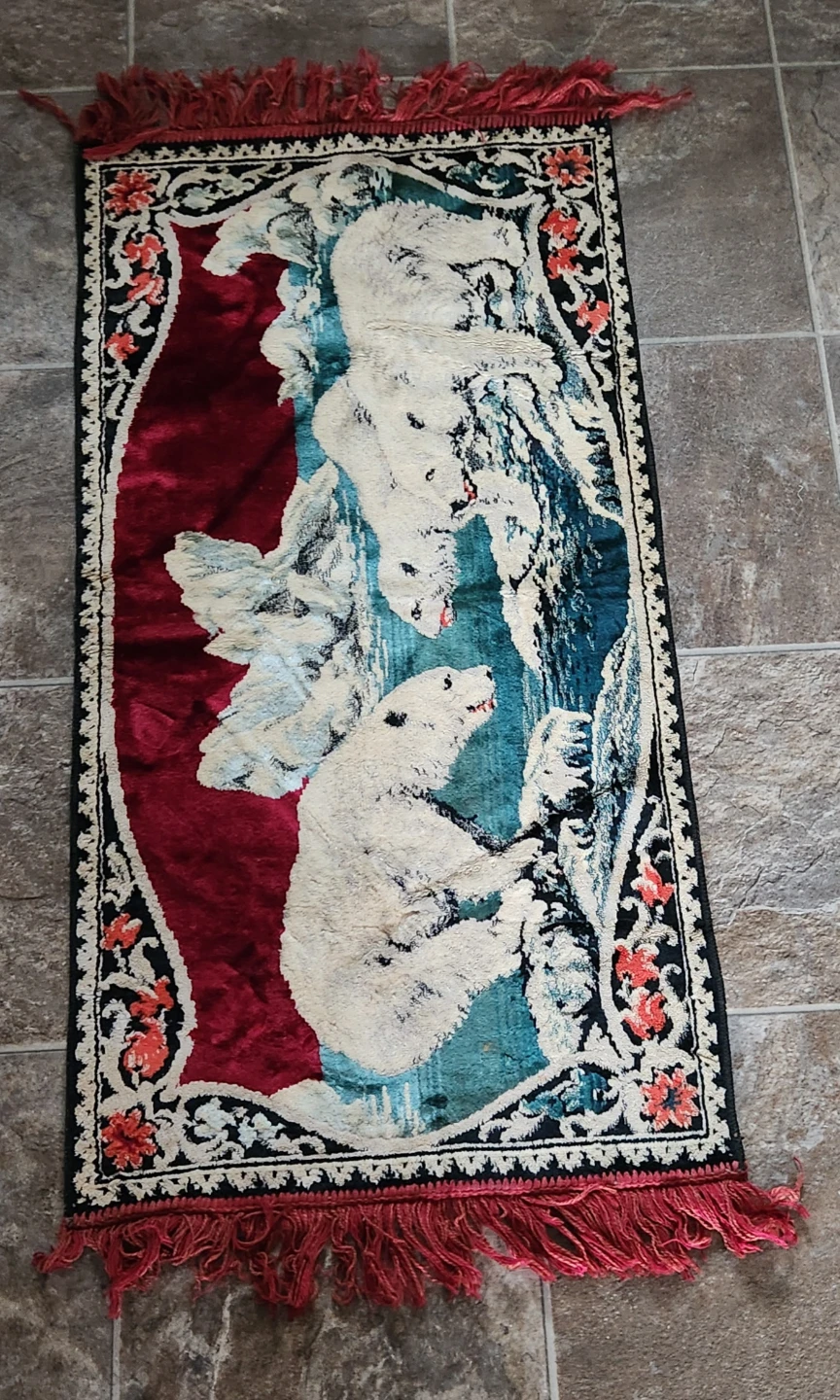 Vintage 1970s Velvet Polar Bear Tapestry