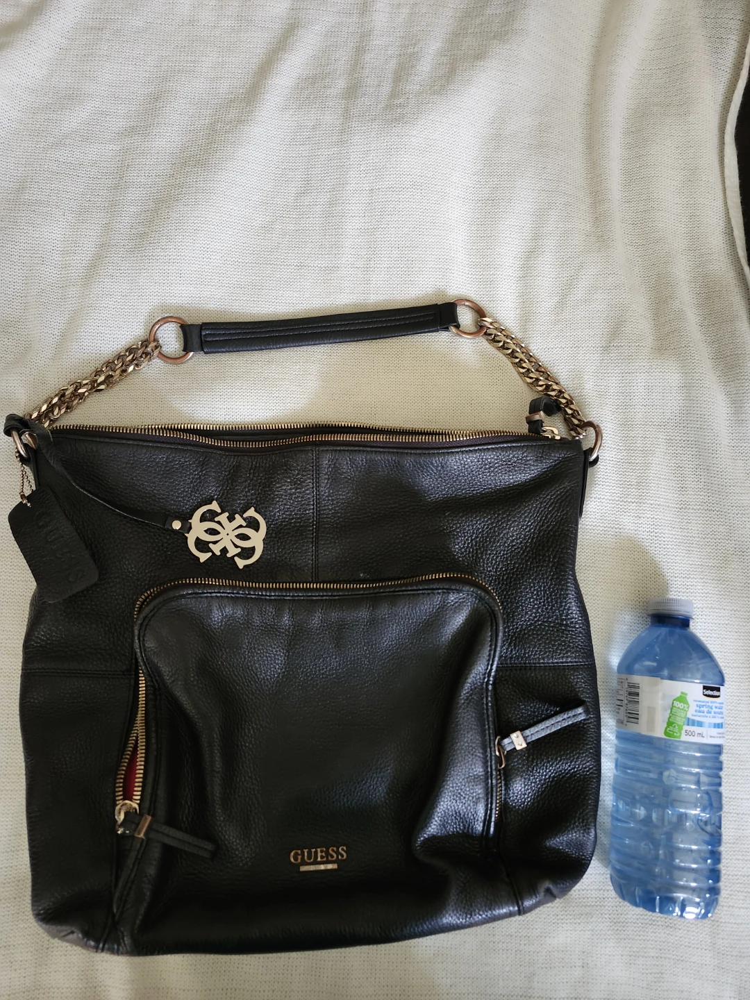 Black Leather Guess Hobo Bag with Gold Chain Accents