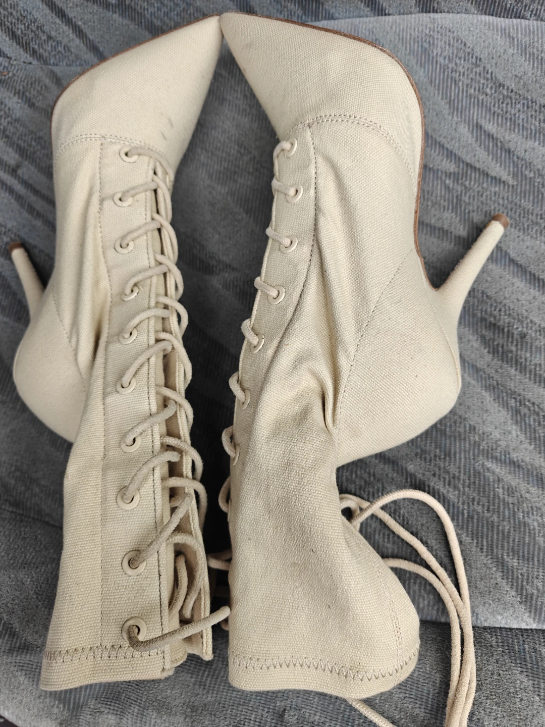 Cream Lace-Up Stiletto Boots