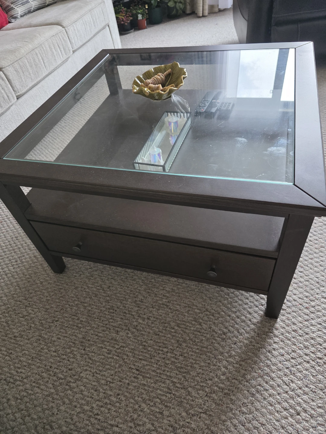 Dark Brown Coffee Table with Glass Top and Drawer