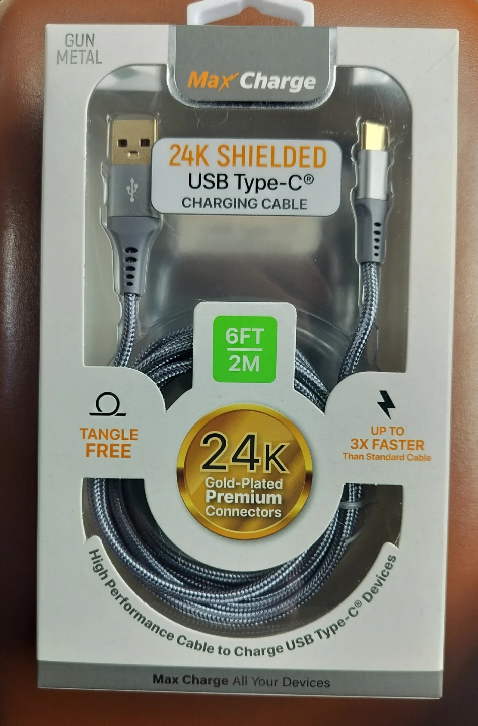 Max Charge 24K Shielded USB Type-C Cable, 6FT, Gun Metal