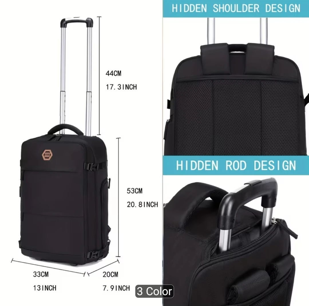 Black Rolling Backpack with Hidden Shoulder Straps