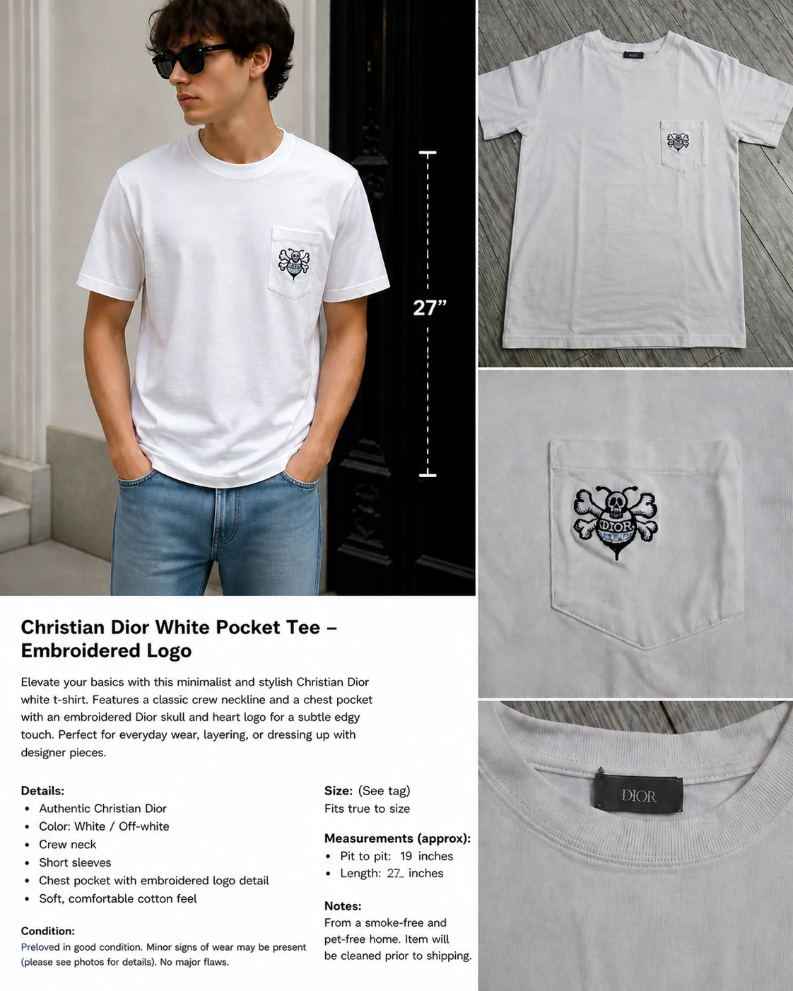 Christian Dior White Pocket Tee - Embroidered Logo