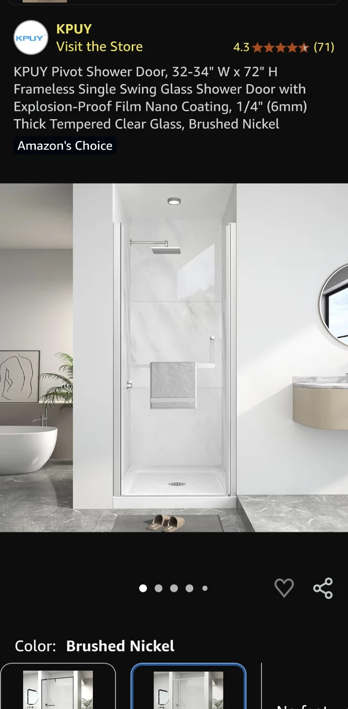 KPUY Frameless Pivot Shower Door 32-34" W x 72" H Brushed Nickel