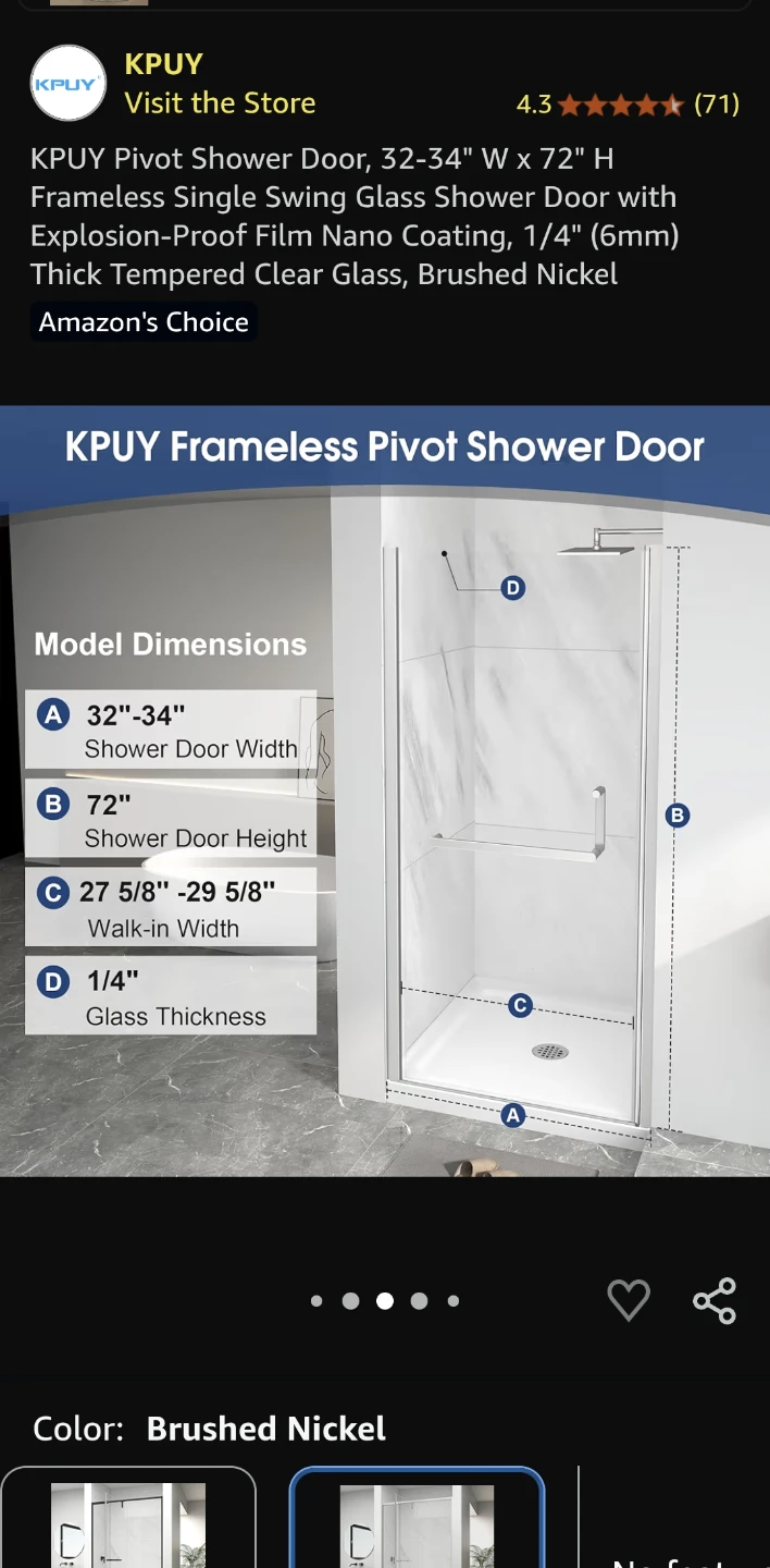 KPUY Frameless Pivot Shower Door 32-34" W x 72" H Brushed Nickel - photo 2