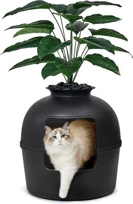 Black Cat Litter Box Enclosure with Artificial Plant