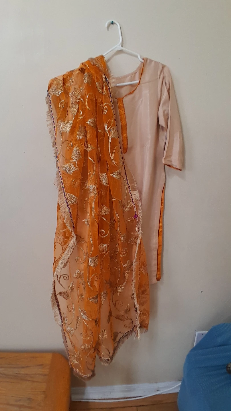 Beige Kurti with Orange Embroidered Dupatta $35