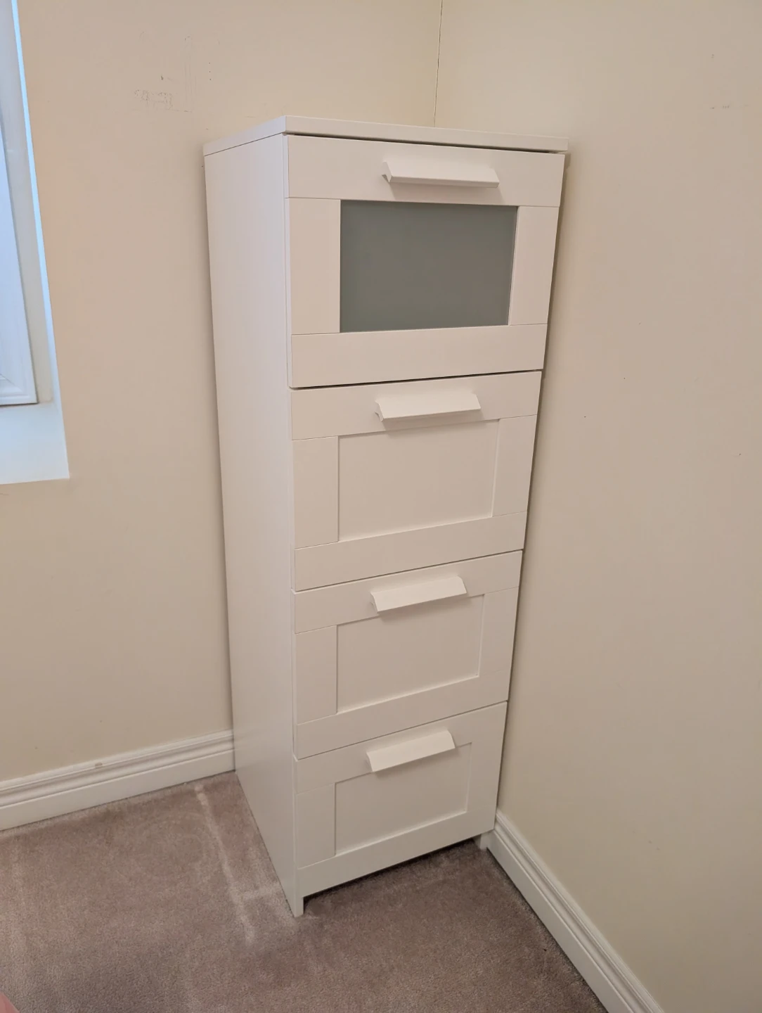 White 4-Drawer Cabinet with Frosted Window