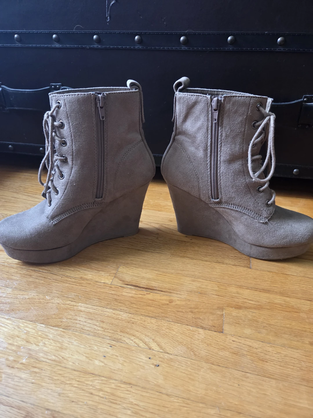 Taupe Suede Lace-Up Wedge Ankle Boots