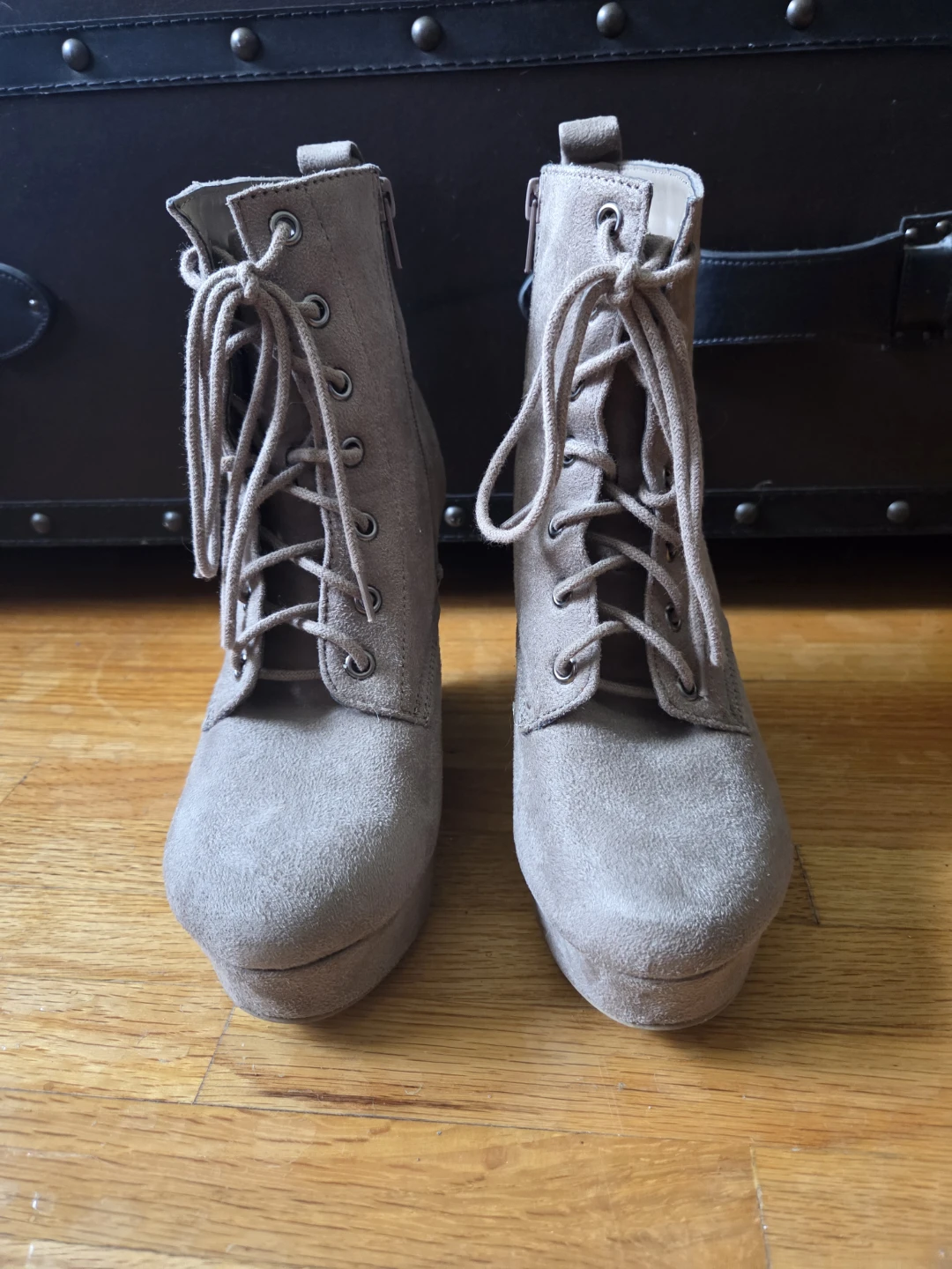 Taupe Suede Lace-Up Wedge Ankle Boots - photo 2