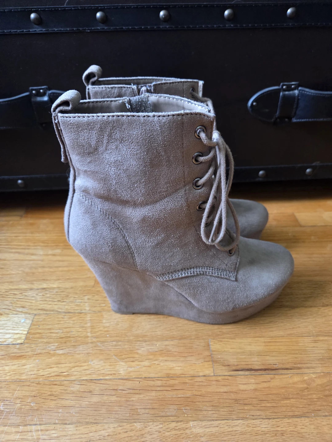 Taupe Suede Lace-Up Wedge Ankle Boots - photo 4