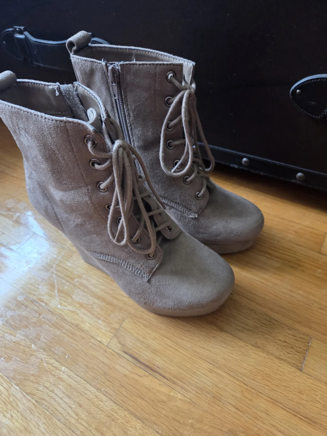 Taupe Suede Lace-Up Wedge Ankle Boots - photo 5