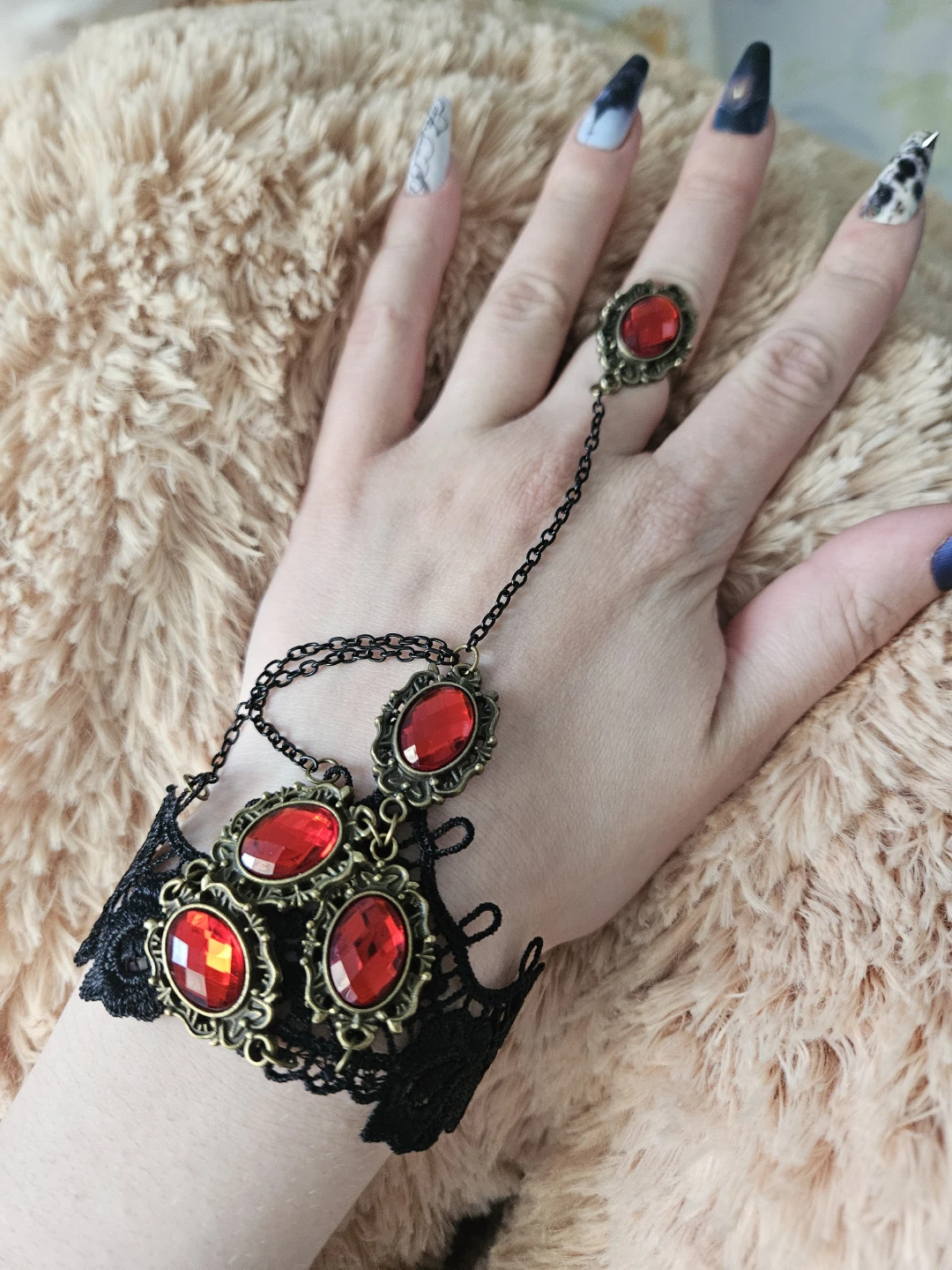 Gothic Lace Bracelet with Red Gems