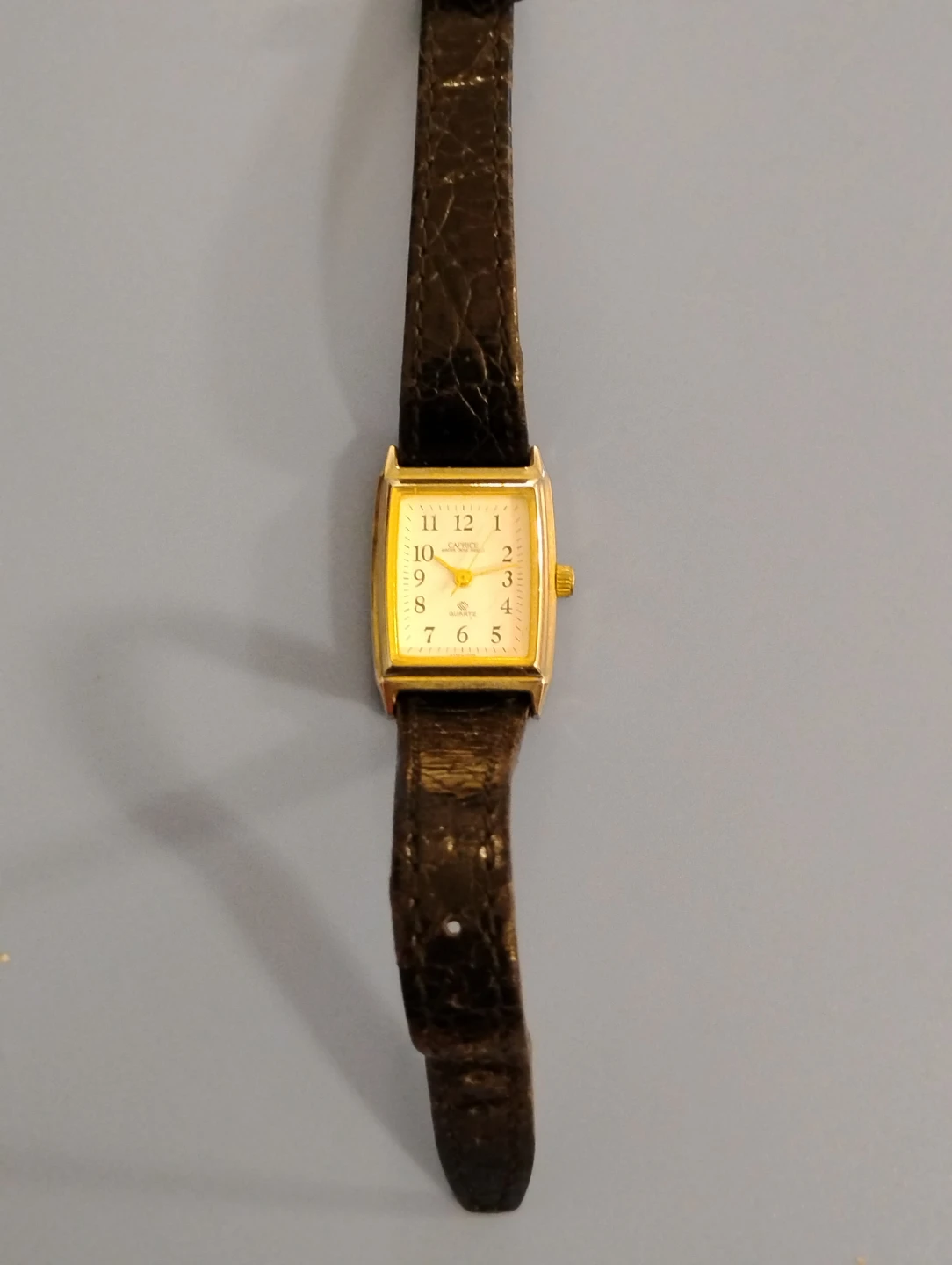 Ladies Gold Tone Quartz Watch with Black Leather Band
