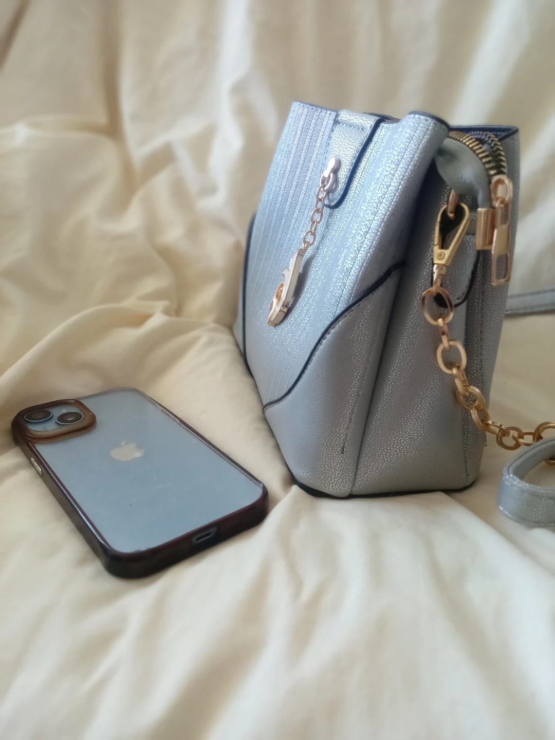 Silver Blue Textured Handbag with Chain Strap - photo 2