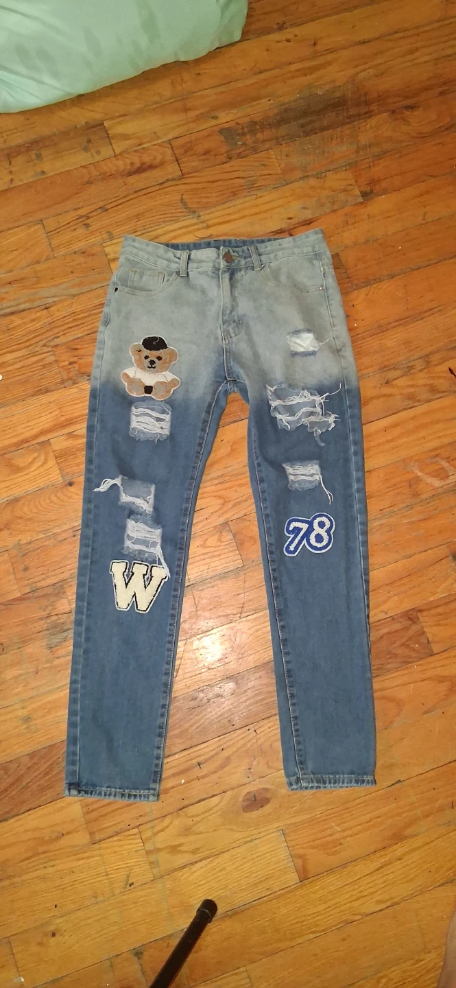 Distressed Blue Jeans with Patches