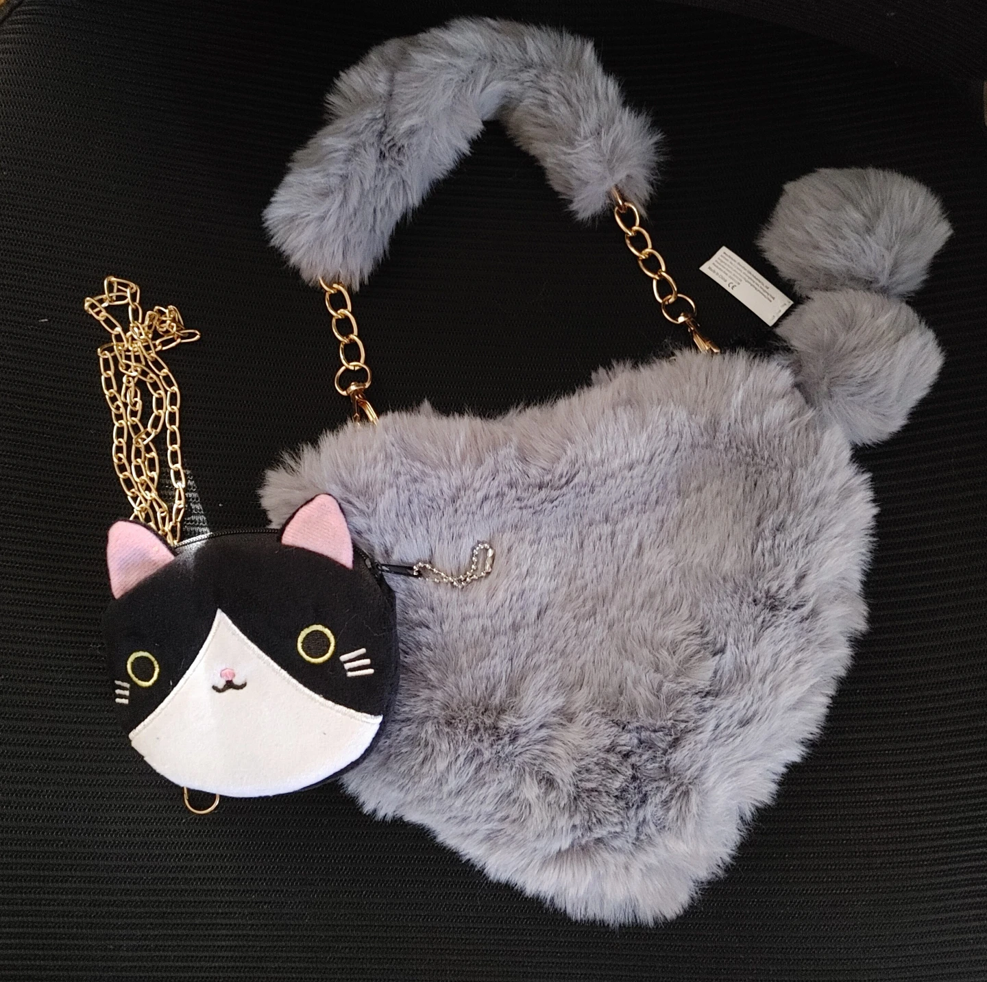 Heart-Shaped Fuzzy Grey Purse + Cat Coin Purse - all new