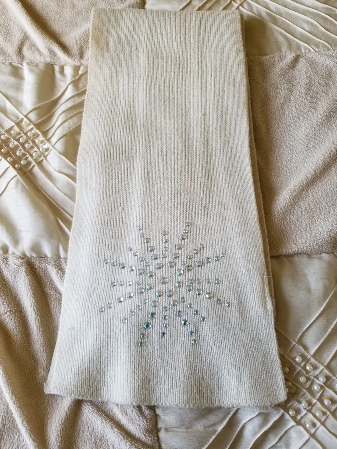 Cream Knit Scarf with Rhinestone Snowflake