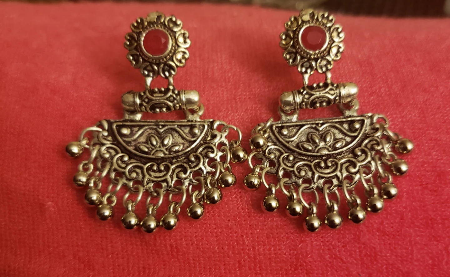 Silver Tone Chandelier Earrings with Red Stones