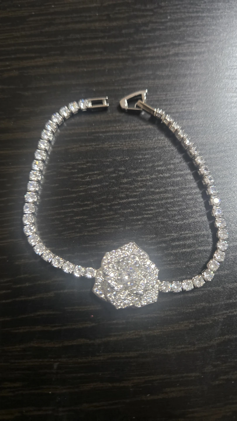 Silver Tennis Bracelet with Rose Charm