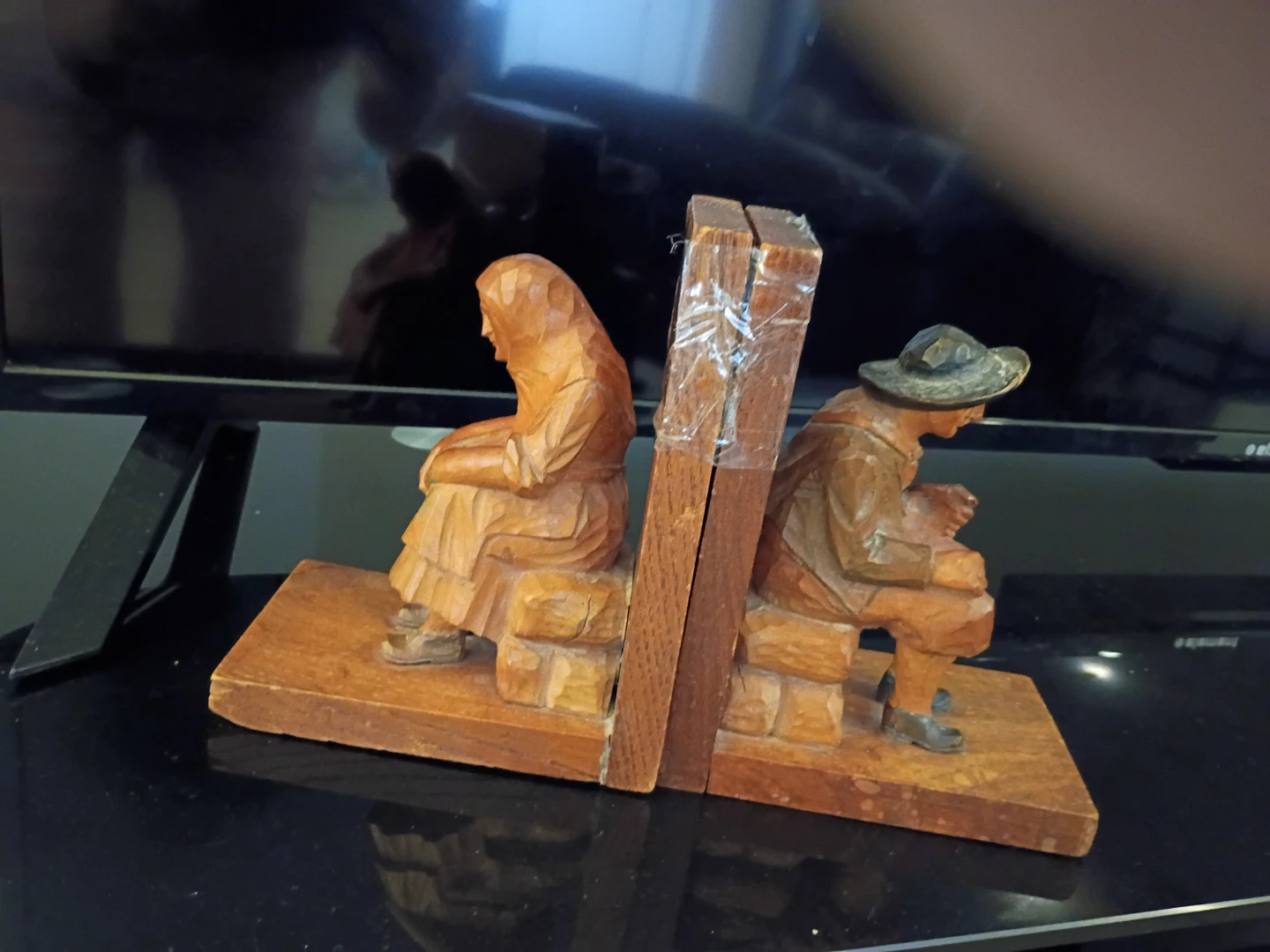 Wooden Figurine Bookends Pair