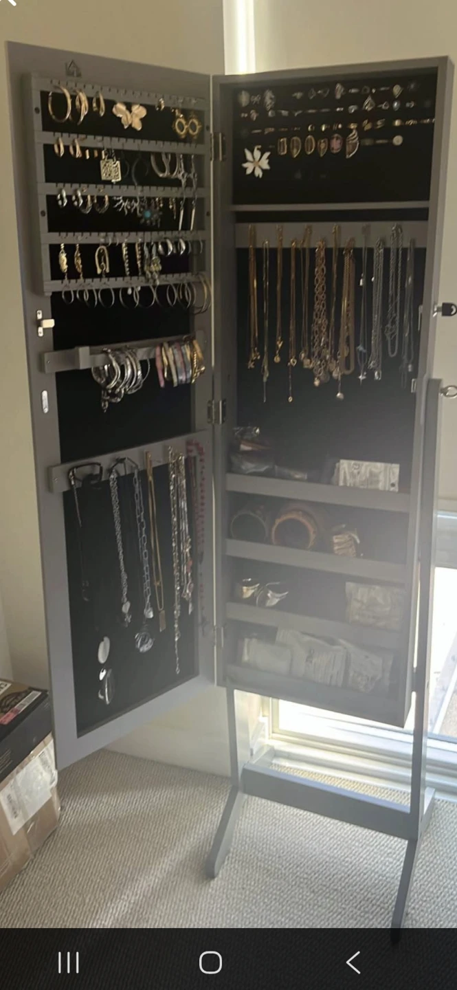 Grey Standing Jewelry Armoire with Mirror
